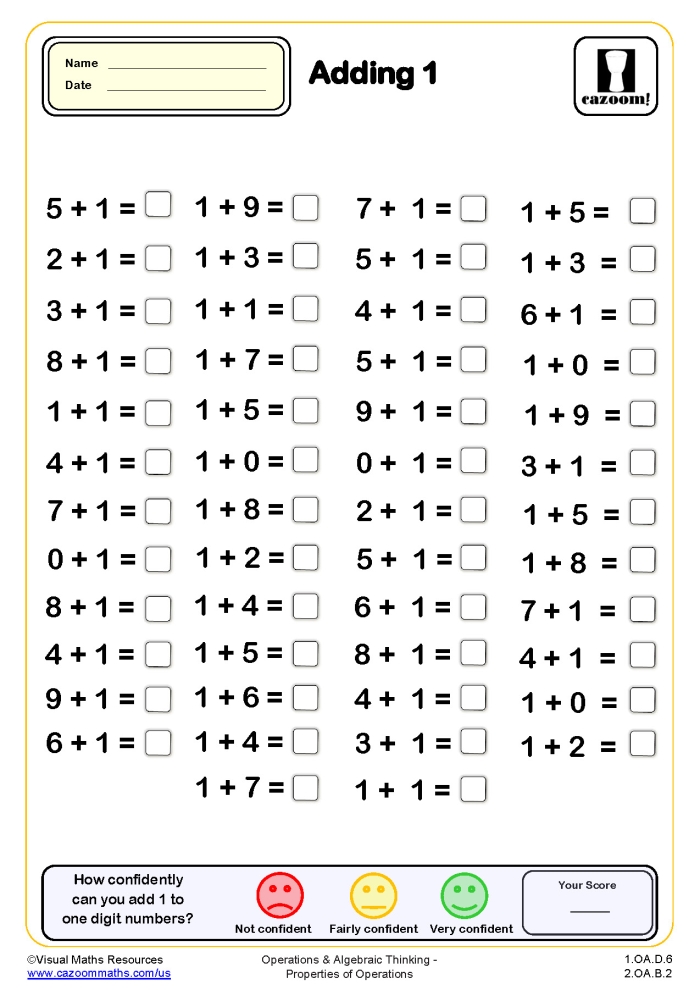 First grade math worksheet showing addition problems with one added to numbers up to ten