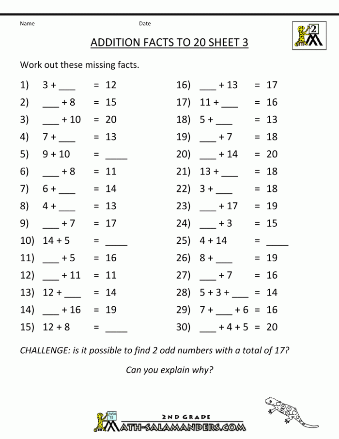 First-grade addition skills assessment worksheet for numbers up to 20