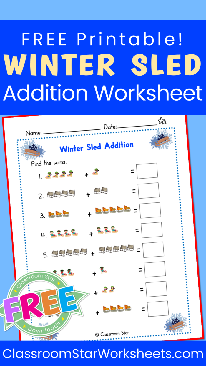 Winter addition worksheet for first graders focusing on decimals and fun snow day activities First grade addition worksheet featuring winter-themed single-digit problems with sums up to 9