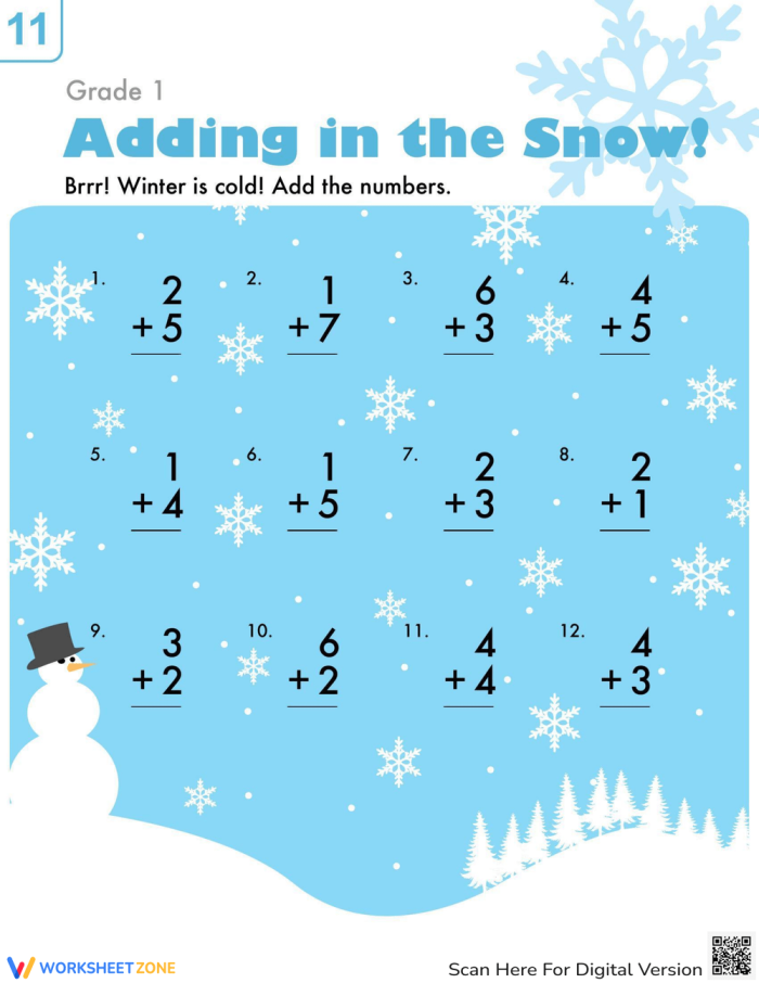Fun Addition in the Snow worksheet for young learners to practice decimals on a snowy day First grade addition worksheet featuring winter-themed snowflakes and single-digit problems with sums up to 9