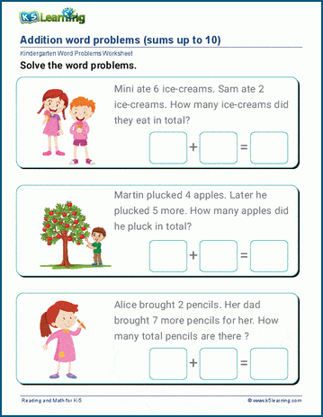Worksheet featuring addition word problems for first graders to solve in real-world contexts