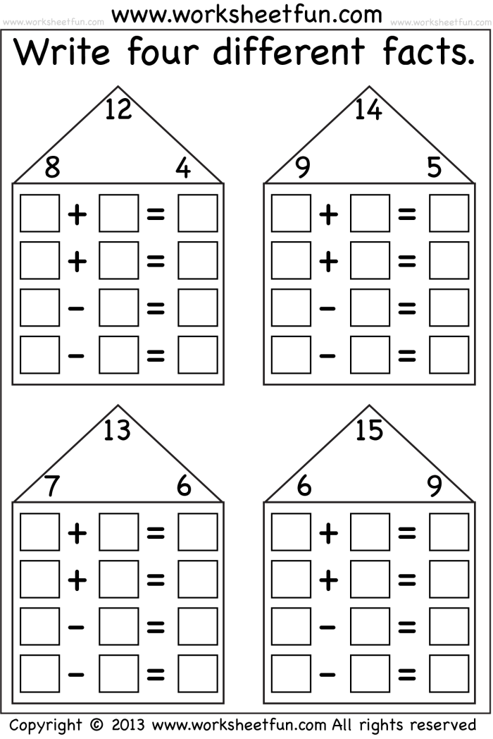 Math fact family house worksheet for first grade students image 14 First grade fact family house worksheet for practicing addition and subtraction problems