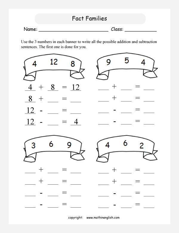 First grade worksheet helping students understand the relationship between addition and subtraction within place value concepts