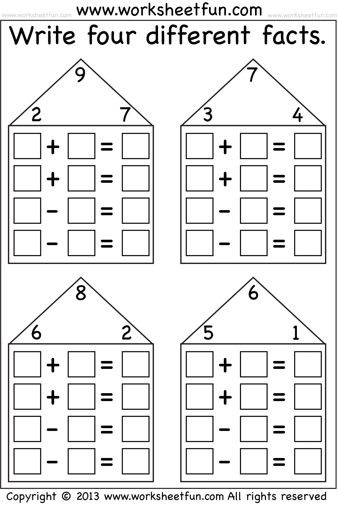 Fact Family Houses Math Worksheet 19 for First Grade Students First grade fact family houses math worksheet for addition and subtraction practice