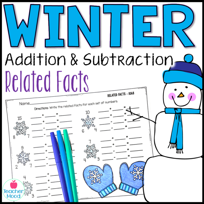 First grade math worksheet showing the relationship between addition and subtraction problems