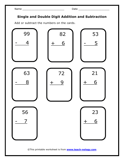 First grade math worksheet with 20 addition and subtraction problems for practice