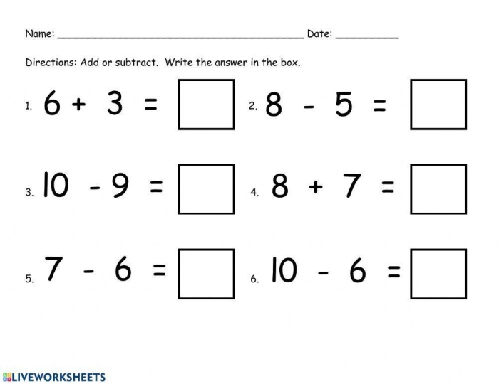 First Grade worksheet for practicing single and double-digit addition and subtraction within 20