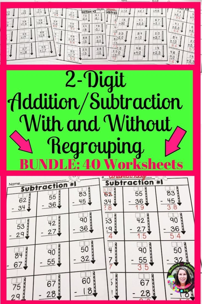 First grade math worksheet with twenty single and double-digit addition and subtraction problems for practice