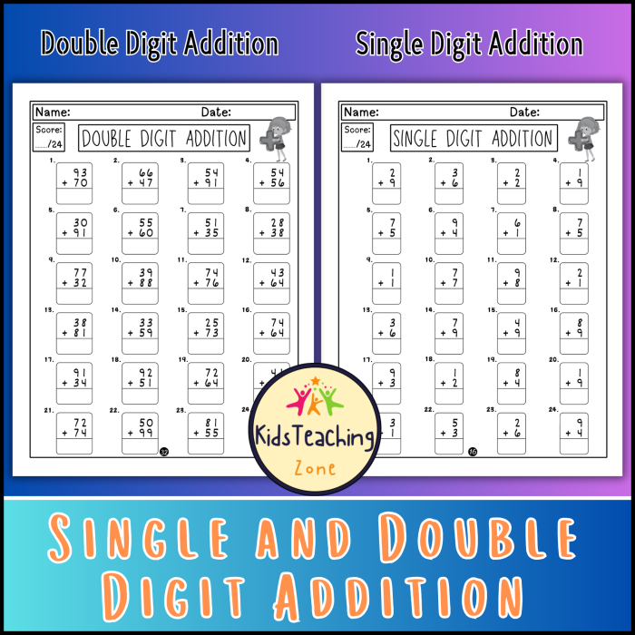 First grade math worksheet featuring single and double-digit addition and subtraction problems for practice