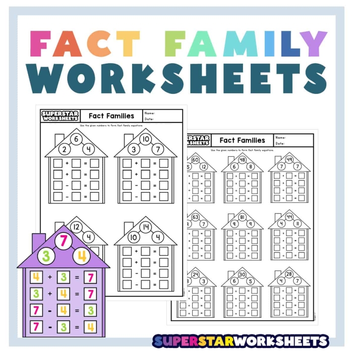 Fact Family Houses Worksheet for First Grade Math Practice 23 First grade students practicing addition and subtraction by filling in missing numbers in fact family houses worksheet 23