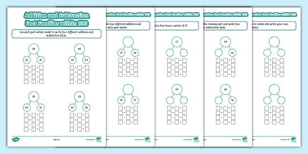 First grade math worksheet showing the relationship between addition and subtraction with place value exercises
