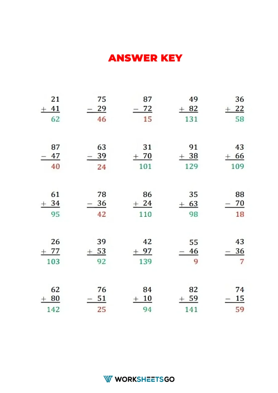 First grade math worksheet featuring twenty single and double digit addition and subtraction problems