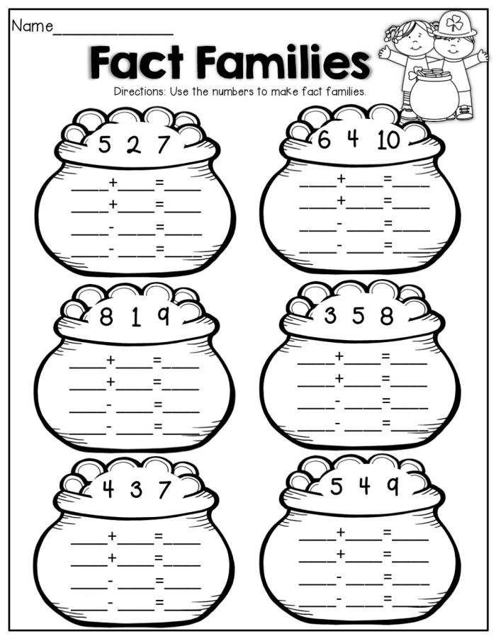 Fact Family Houses Math Worksheet for Grade 1 Students 25 First grade math worksheet featuring fact family houses for addition and subtraction practice