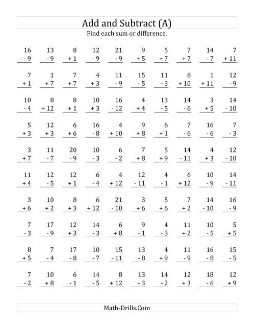 Math Fact worksheet showing the relationship between addition and subtraction for first graders