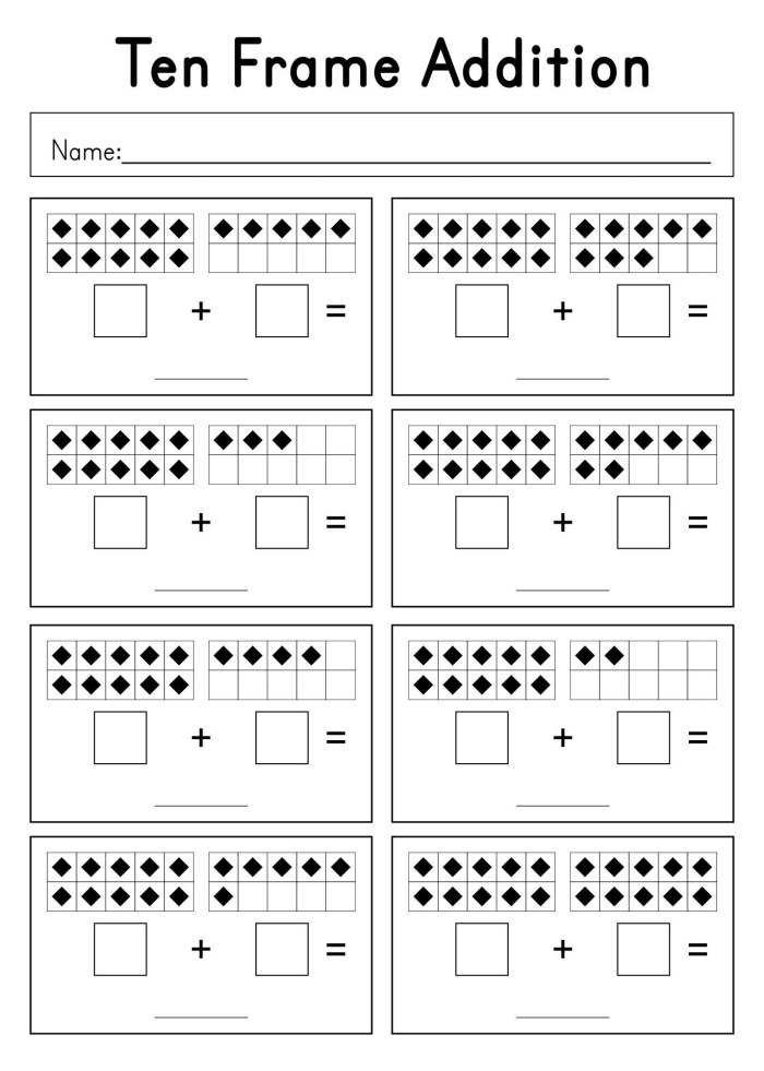 First grade math worksheet featuring addition problems within 20 using ten frames for visual support