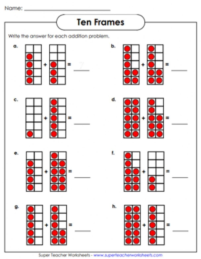 First grade math worksheet showing ten frames to help students practice adding numbers within 20