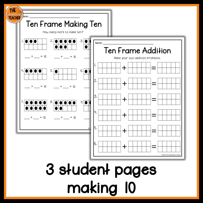 First grade math worksheet featuring addition problems within 20 using ten frames