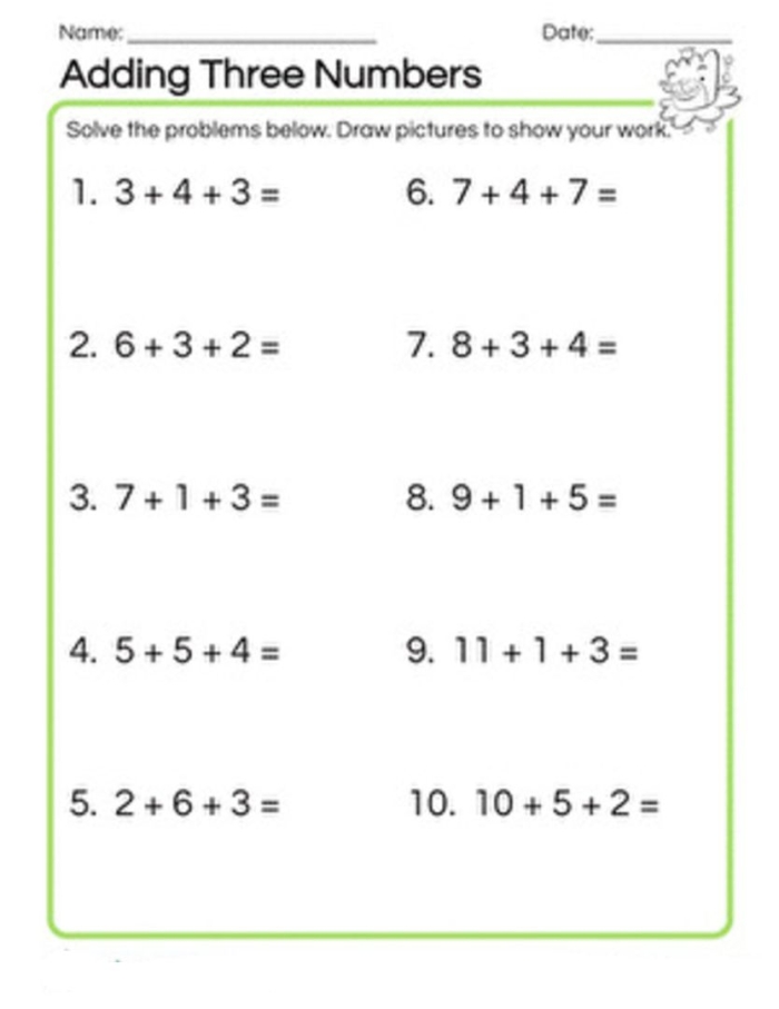 A first grade student practicing addition by solving problems with three numbers on worksheet number 22