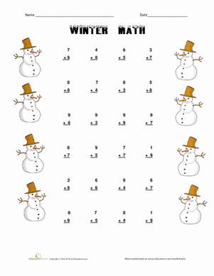 Winter Math worksheet for first graders focusing on single-digit addition exercises