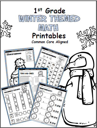 Winter-themed math worksheet for first graders focusing on single-digit addition. Engaging winter math practice to enhance your child's addition skills.