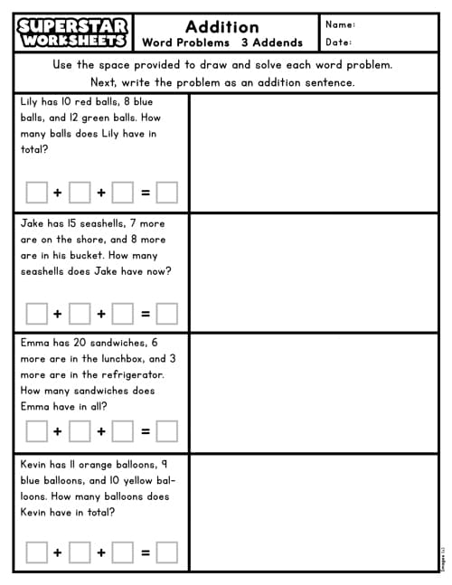 First grade addition word problems worksheet featuring engaging scenarios for young learners