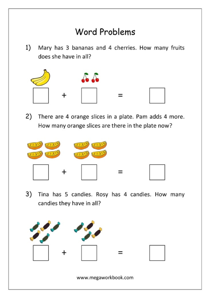 First grade addition word problems worksheet featuring simple math equations and word challenges