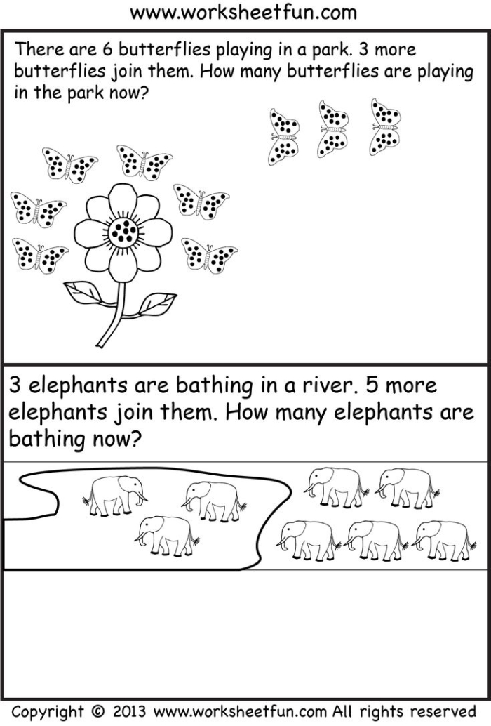 First grade student working on a colorful addition word problems worksheet