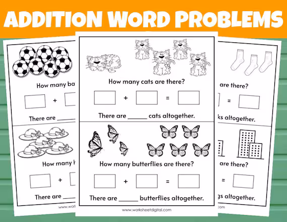 First grade addition word problems worksheet for assessing math skills