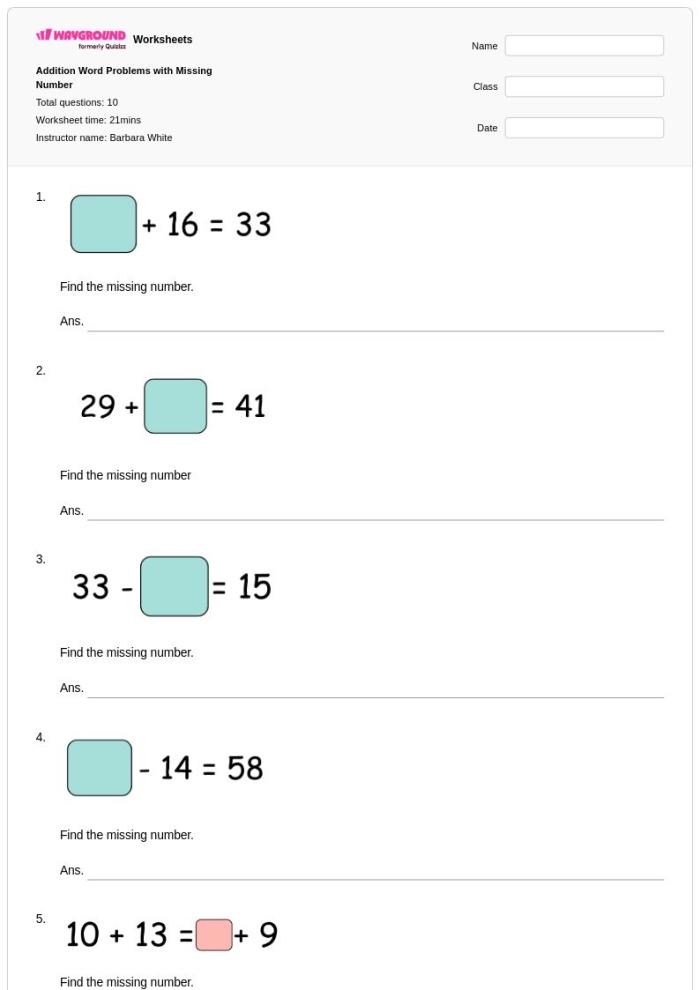 First grade student solving an addition word problem on a printed worksheet