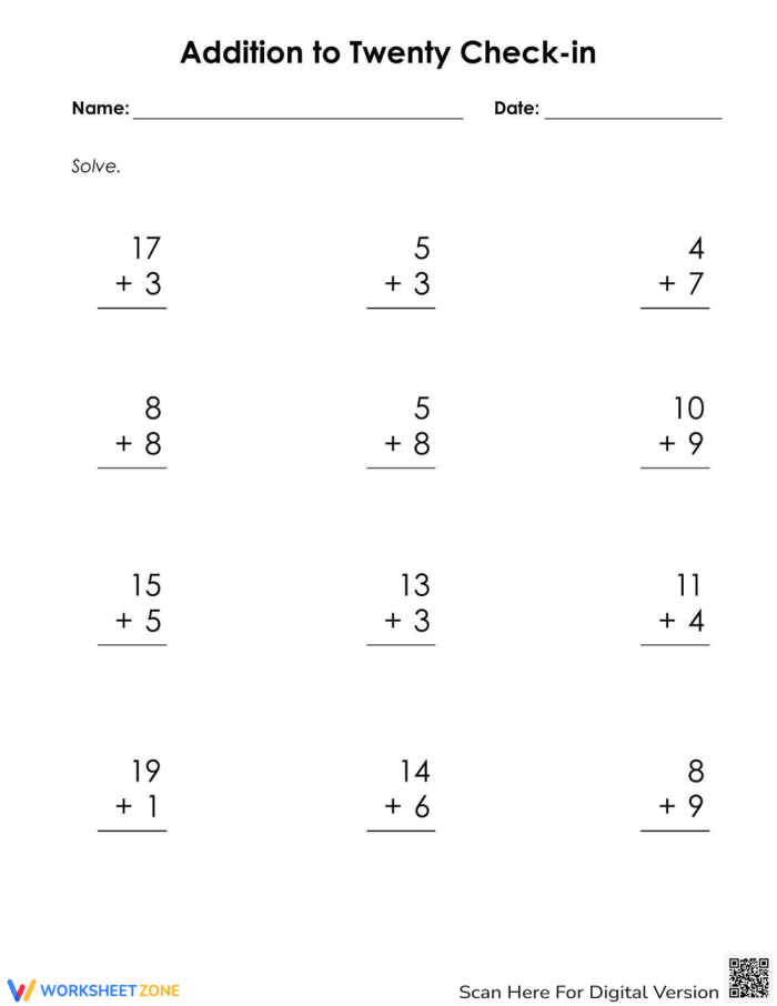 First grade addition worksheet for checking skills up to 20