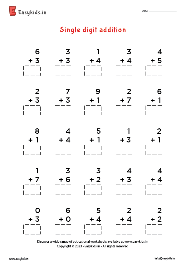 First grade single-digit addition worksheet with math problems featuring sums up to 9