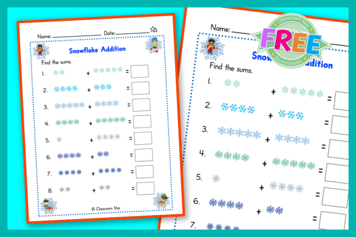 Decimals worksheet for First Grade Colorful winter-themed worksheet for first graders focusing on addition problems with sums up to 9. Addition in the Snow worksheet designed for engaging math practice on a snowy day.