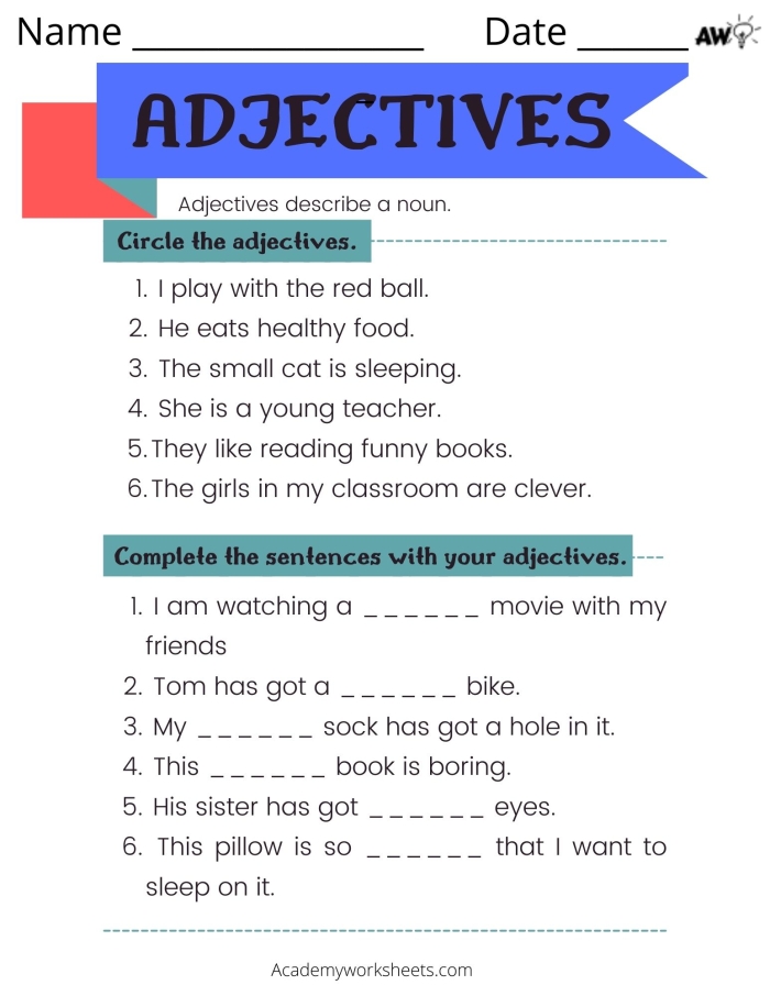 Worksheet featuring fun activities for first graders to practice adjectives