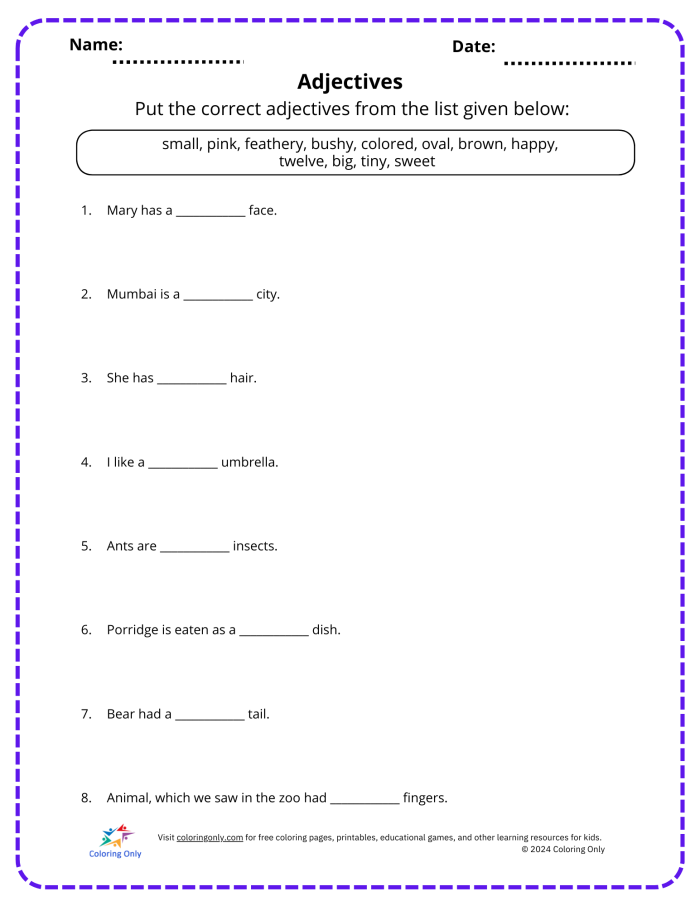 Educational resource image featuring a grammar worksheet on adjectives for young learners Adjectives handout worksheet for first graders, designed to aid in understanding descriptive words