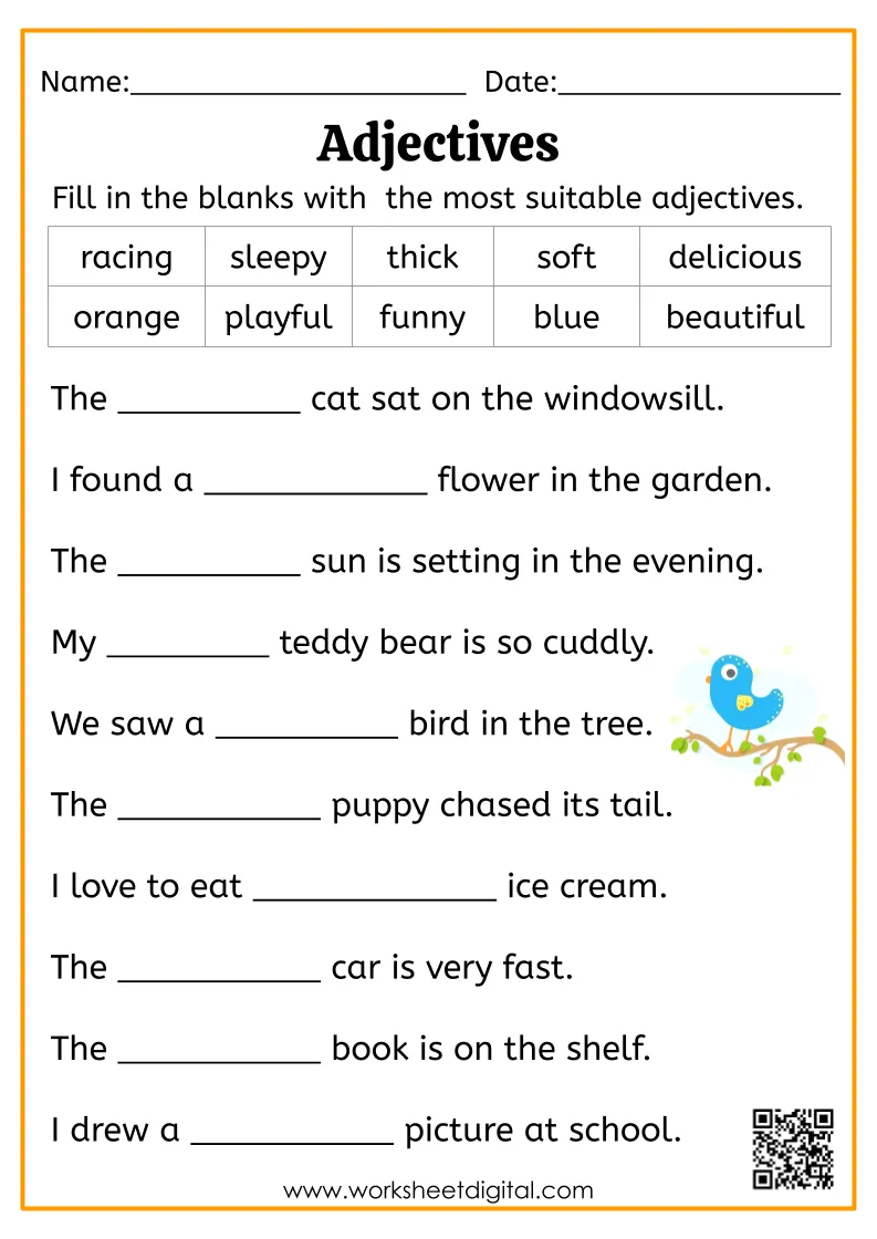 Fun adjective worksheet for young learners discovering how describing words work in sentences First grade students learning about adjectives with colorful describing words and pictures on worksheet 19