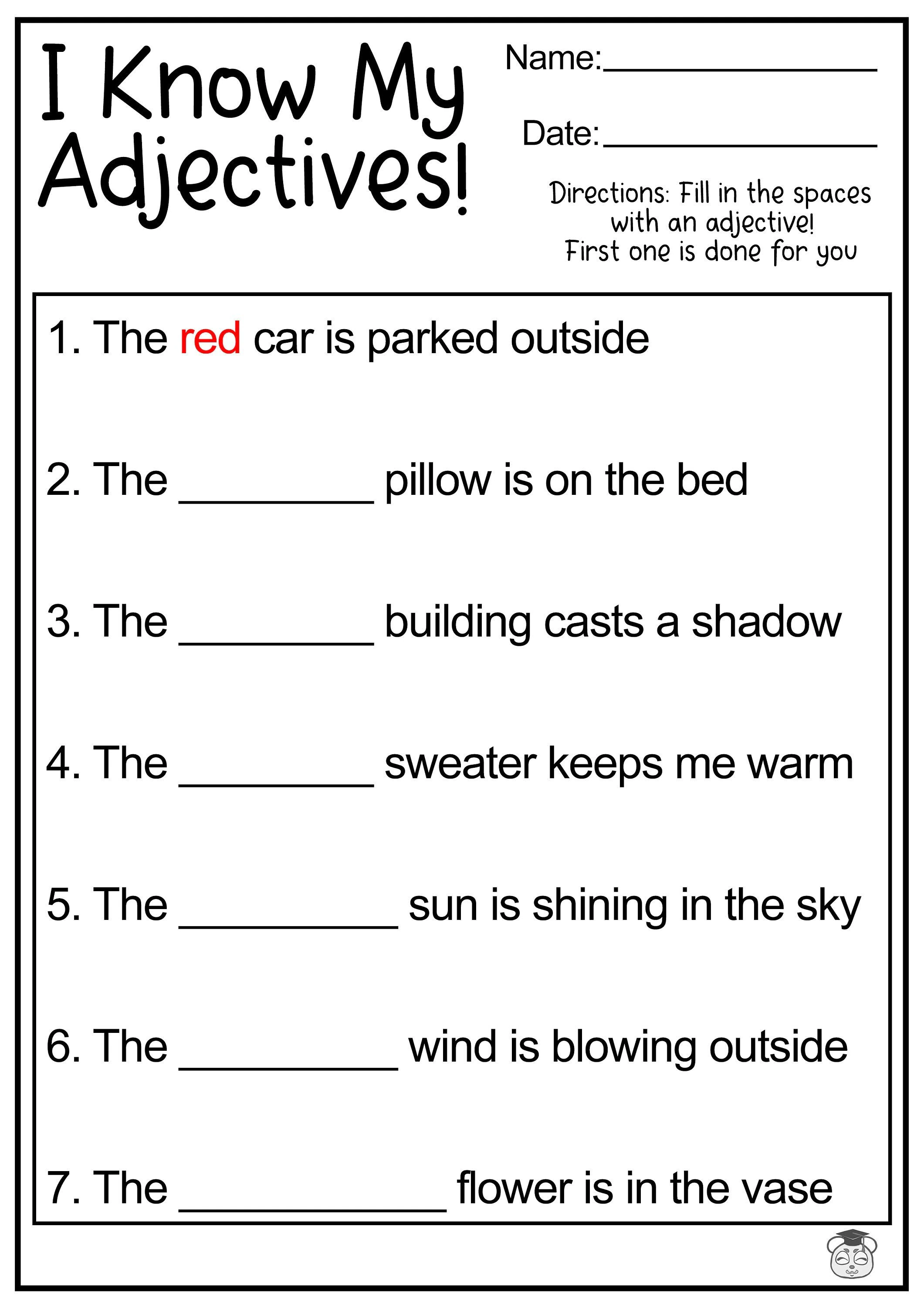Introduction to adjectives worksheet showing fun describing words activity for beginning readers grade 1 First grade students learning about adjectives with colorful describing words and picture examples on worksheet 16