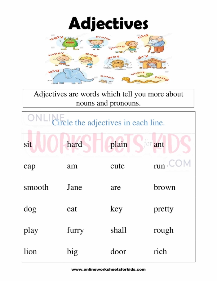 Worksheet for first graders focusing on using adjectives effectively