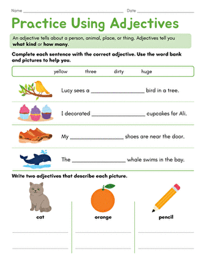 First grade worksheet featuring engaging activities to practice using adjectives