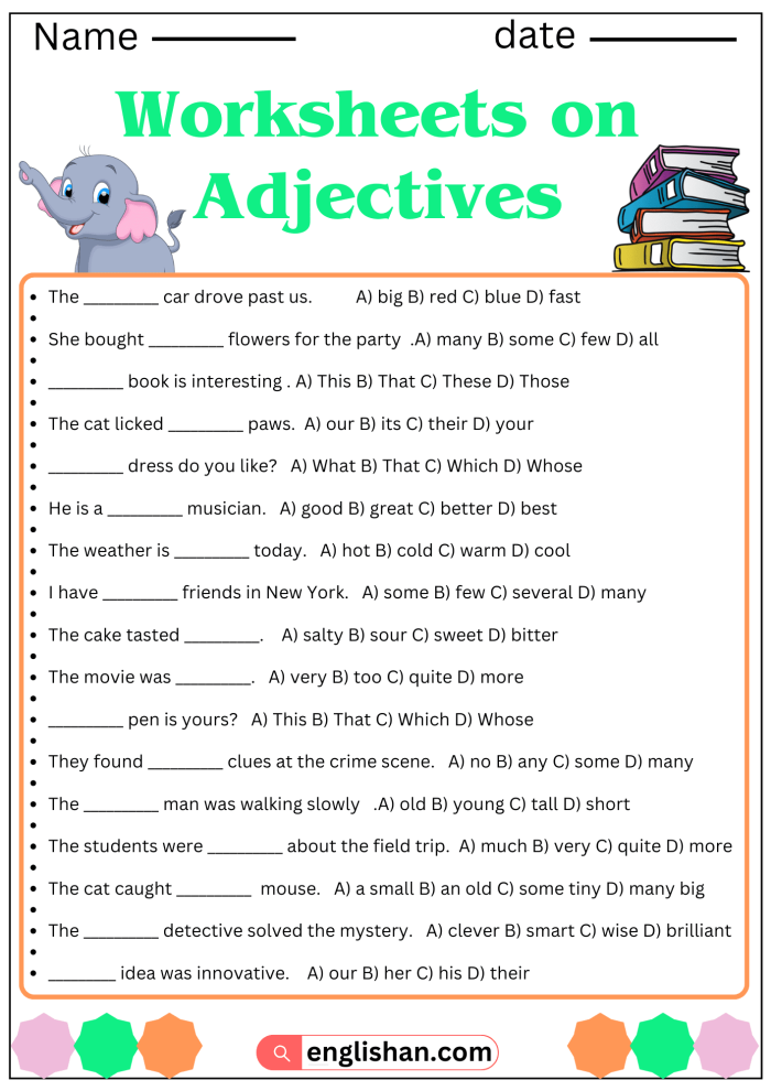 Adjectives practice worksheet for first graders focusing on grammar skills and handwriting improvement
