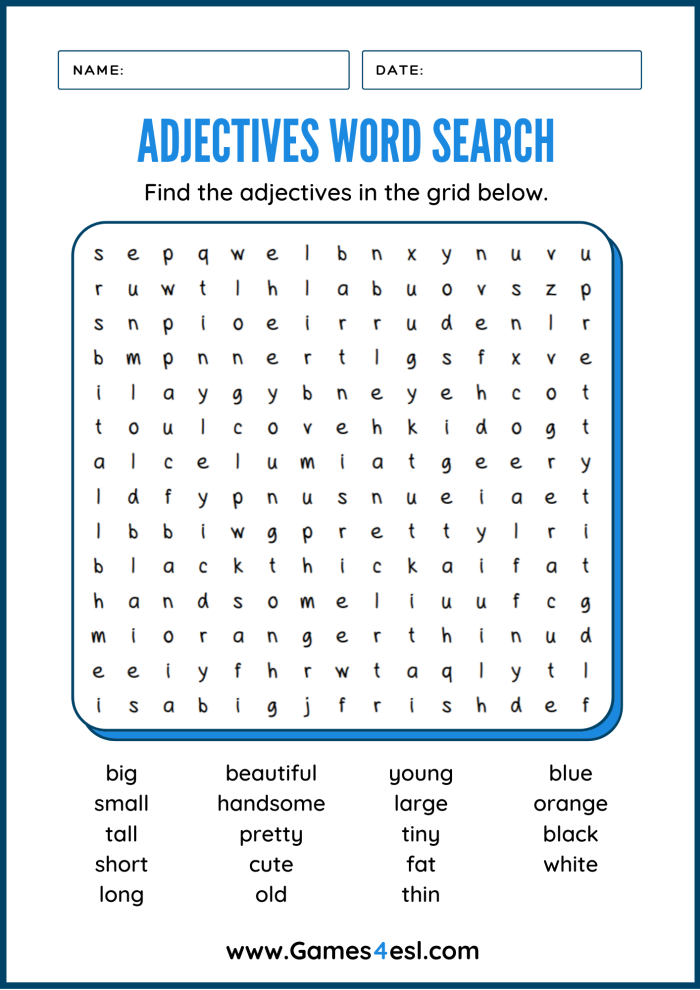 What is an Adjective Activity Sheet Four First grade worksheet introducing describing words and the definition of an adjective