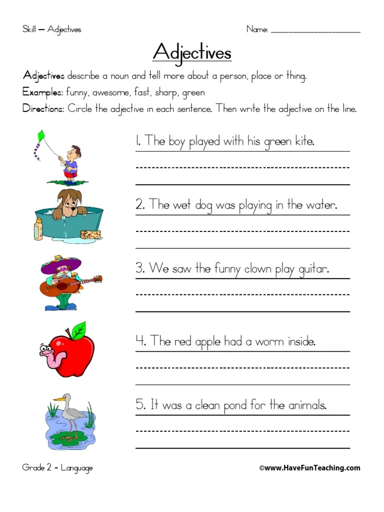 What is an Adjective Worksheet 21 for First Grade Reading First grade student working on a What is an Adjective worksheet to learn describing words