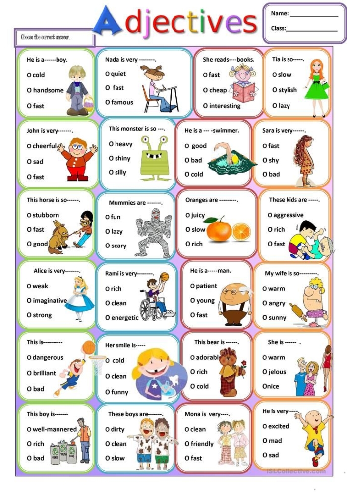 Introductory adjective worksheet showing examples of describing words for beginning readers First grade students learning about adjectives with colorful describing words and fun illustrations on worksheet 17