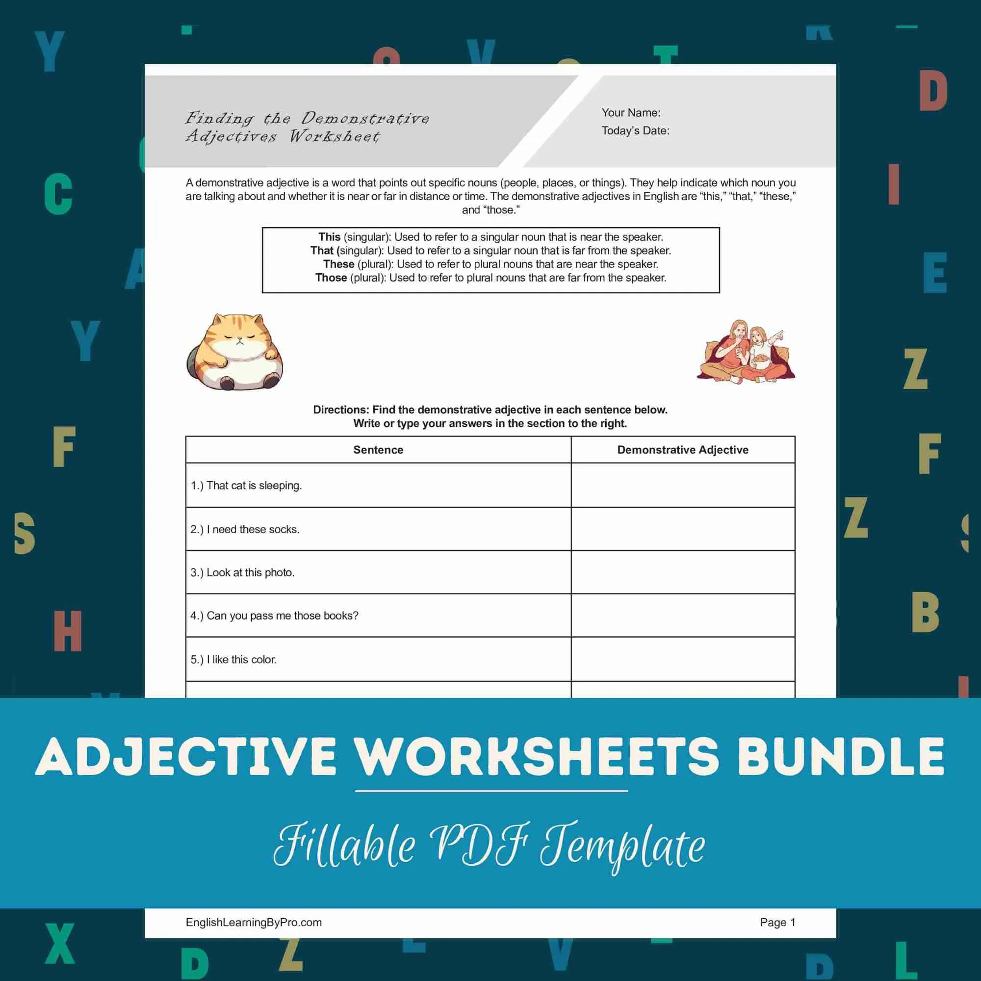 Adjective worksheet for first graders showing examples of describing words with pictures First grade students learning about adjectives with colorful describing words and fun illustrations on worksheet 11