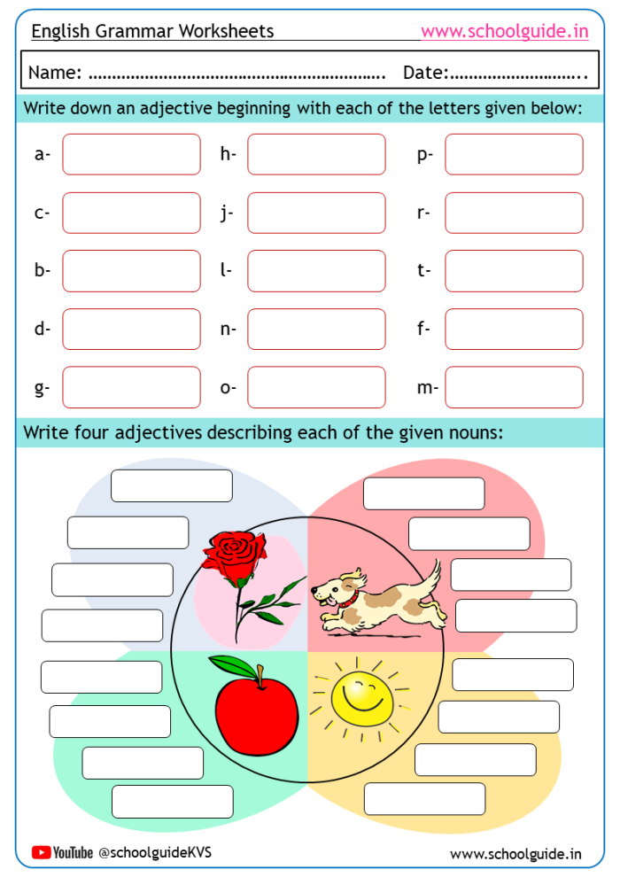 Colorful grammar worksheet designed for learning about adjectives Adjectives handout worksheet for first graders to enhance grammar skills