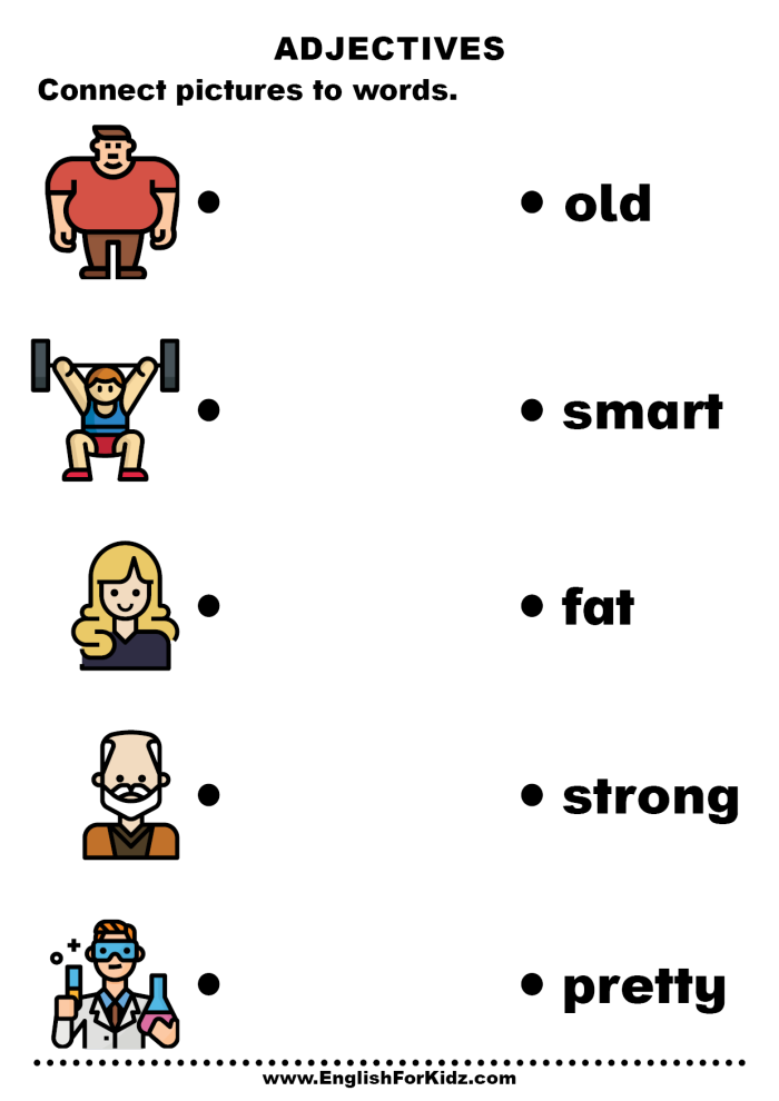 First-grade grammar worksheet featuring adjectives for student learning and review Adjectives handout worksheet for first graders to enhance their grammar skills