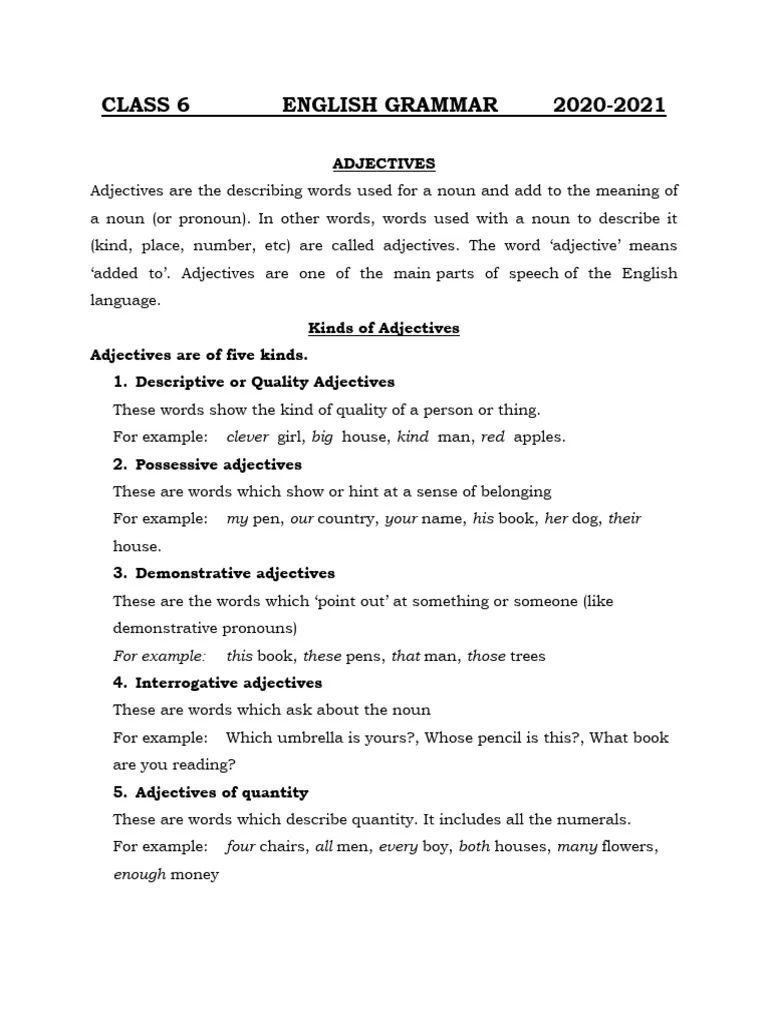 Educational resource for teaching adjectives in first grade classrooms Adjectives handout worksheet for first graders focused on grammar skills