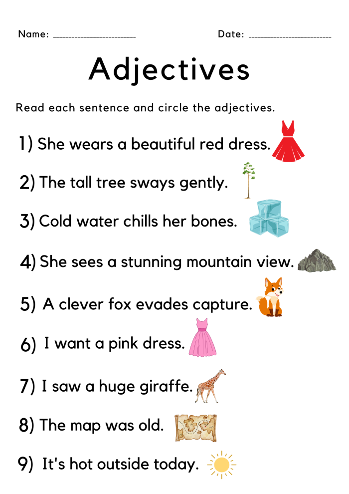 Engaging worksheet for teaching adjectives in first grade grammar lessons Adjectives handout worksheet designed for first graders to enhance their grammar skills
