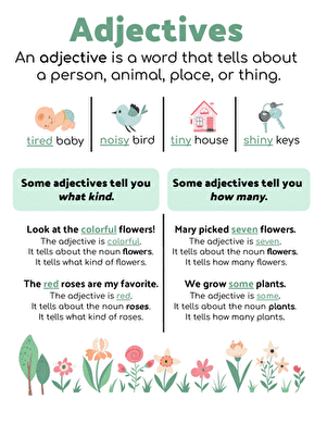 Engaging worksheet to help students understand adjectives Adjectives handout worksheet for first-grade grammar practice