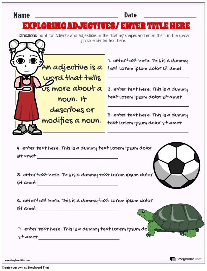 Worksheet for teaching and reviewing adjectives in first-grade classrooms Adjectives handout worksheet designed for first-grade grammar lessons