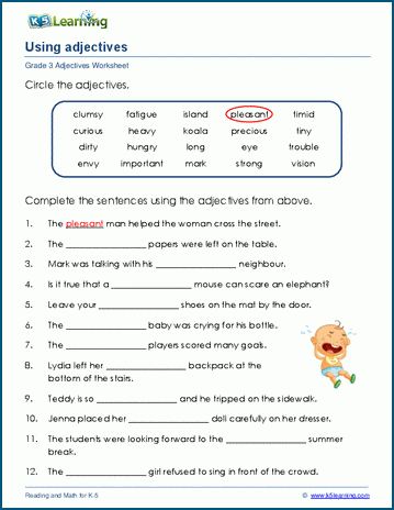 Colorful worksheet for first graders to practice using adjectives in grammar